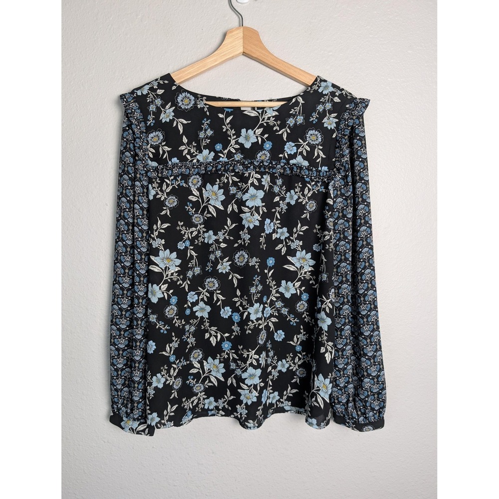 LOFT Blouse Womens L Black Floral Long Sleeve Ruffle Round Neck Lightweight